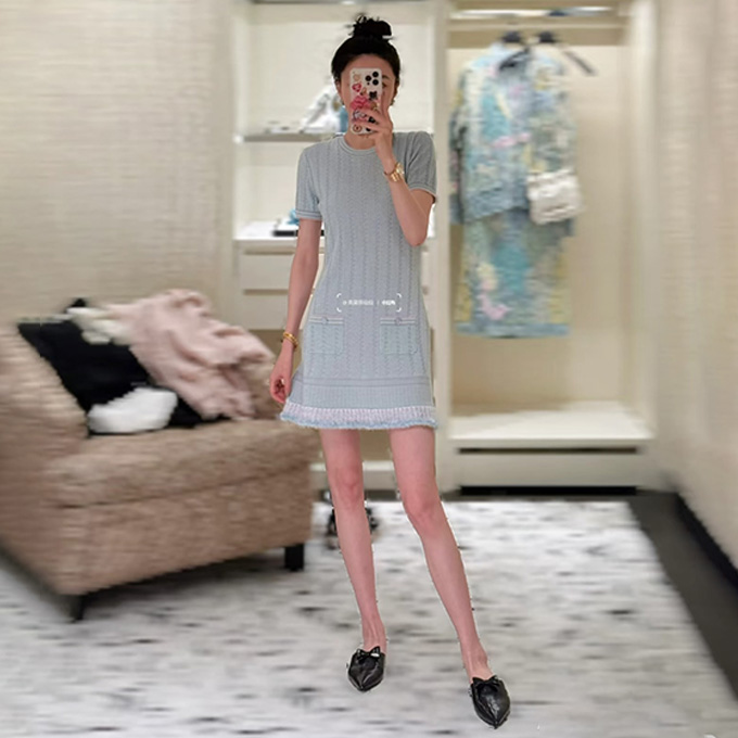 chanel openwork rib knit crew neck short sleeve mini dress